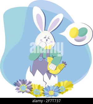 cute funny easter illustration, rabbit, eggs, chicken, flowers, amusing story tender color vector illustration Stock Vector