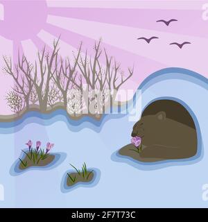 spring illustration of landscape, bear climbs out of the den and sniffs the first flowers crocuses, the sun is shining, glades in the snow, birds are Stock Vector