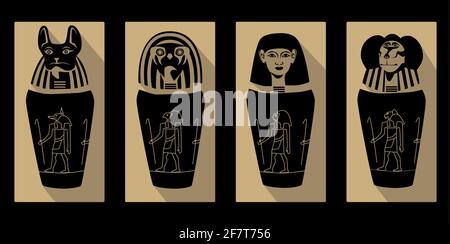 Canopic jars - ancient egyptian elements using for mummification. contrast vector illustration. Stock Vector