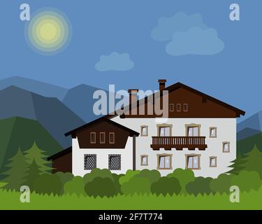 white house with balcony in the mountains vector illustration Stock Vector