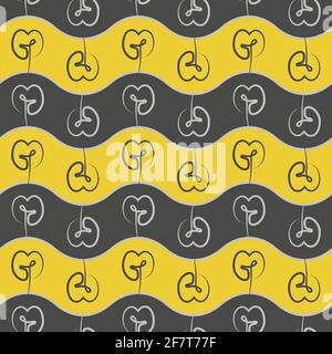 pattern of yellow-grey stripes with blue wavy lines and one line drawn heart-shape flowers vector Stock Vector