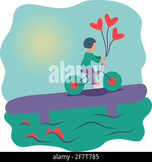 vector illustration, guy rides a bicycle across the bridge, holding heart-shaped balloons in his hand, the sun is shining, fish are visible in the wat Stock Vector