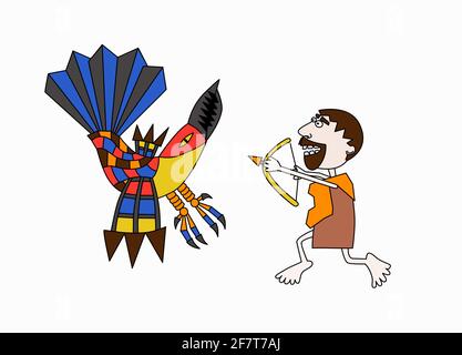 Third labour of Hercules, fight with Stymphalian birds hand drawn style, male shoots a bow at a monstrous bird vector illustration Stock Vector