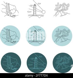 set of linear icons Iceland items, waterfall, lighthous, volcano vector illustration Stock Vector