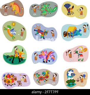 greek mythology hercules heracles 12 labours drawn in primitive kids style vector illustration Stock Vector