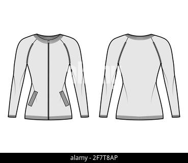 Zip-up cardigan Sweater technical fashion illustration with crew neck, long raglan sleeves, fitted body, knit trim, pockets. Flat jumper apparel front, back, grey color. Women, men unisex CAD mockup Stock Vector