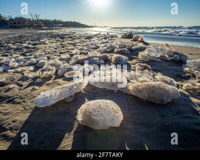 Ice along the beach of Indiana Dunes State Park along Lake Michigan, Chesterton, Indiana Stock Photo