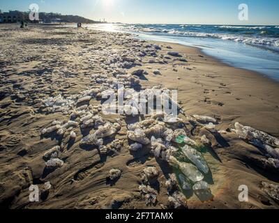 Ice along the beach of Indiana Dunes State Park along Lake Michigan, Chesterton, Indiana Stock Photo