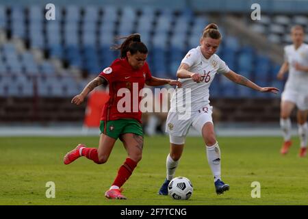 Lisbon, Portugal. 9th Apr, 2021. Ekaterina Pantyukhina of Russia (R ) vies with Ana Borges of Portugal during the UEFA Women's EURO 2022 play-off first leg match between Portugal and Russia, at the Restelo stadium in Lisbon, Portugal, on April 9, 2021. Credit: Pedro Fiuza/ZUMA Wire/Alamy Live News Stock Photo