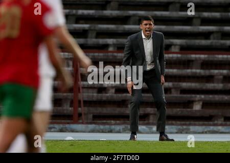 Lisbon, Portugal. 9th Apr, 2021. Portugal's head coach Francisco Neto reacts during the UEFA Women's EURO 2022 play-off first leg match between Portugal and Russia, at the Restelo stadium in Lisbon, Portugal, on April 9, 2021. Credit: Pedro Fiuza/ZUMA Wire/Alamy Live News Stock Photo
