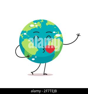 cute earth character blows kiss cartoon mascot globe personage with heart showing facial emotion save planet concept isolated Stock Vector