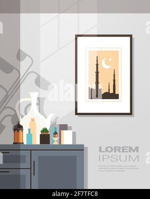 eastern traditional living room interior with picture and furniture ramadan kareem muslim religion holy month flat vertical copy space Stock Vector