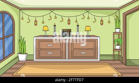 Background muslim religious room,praying room,reading al quran room. Ramadan ornament muslim With decorative plants.Background muslim illustration vec Stock Vector