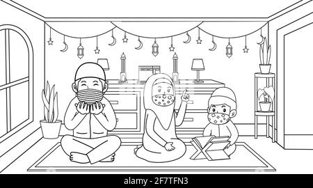 During the corona virus pandemic, Muslim activity and pray.learning kids muslim, boys reading holy book muslim al-quran,using masks and health protoco Stock Vector