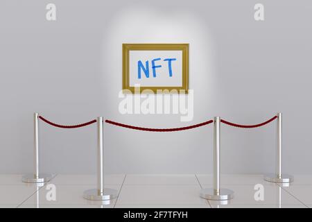 Picture with the text NTF on the wall of a museum. 3d illsutration. Stock Photo