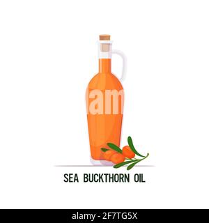 fresh sea buckthorn oil glass bottle branch with berries and leaves isolated on white background Stock Vector