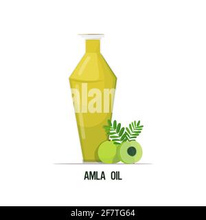 fresh amla oil glass bottle with green berries and leaves isolated on white background Stock Vector