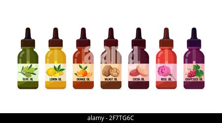 set realistic oil glass bottles with dropper cosmetic liquid ingredient for food drinks and spa product skincare concept horizontal Stock Vector