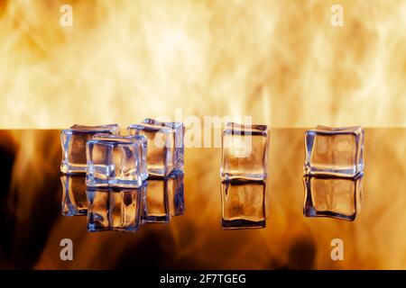 five ice cubes on a black mirrored surface Stock Photo
