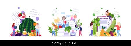 set people holding different fruits vegetables berries healthy nutrition vegan fresh raw food vegetarian concepts collection full length horizontal Stock Vector