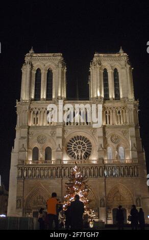 Notre-Dame de Paris cathedral at night with a Christmas tree, France (2008) Stock Photo