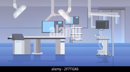 hospital operating table and medical devices modern clinic surgery room interior intensive therapy surgical procedures concept horizontal Stock Vector