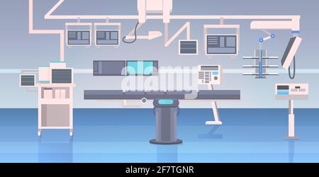 hospital operating table and medical devices modern clinic surgery room interior intensive therapy surgical procedures concept horizontal Stock Vector