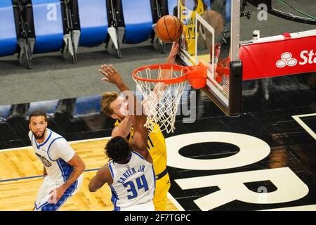 Orlando, Florida, USA, April 9, 2021, Indiana Pacers Power Forward Domantas Sabonis #11 attempt to make a basket against the Orlando Magic at the Amway Center  (Photo Credit:  Marty Jean-Louis) Credit: Marty Jean-Louis/Alamy Live News Stock Photo