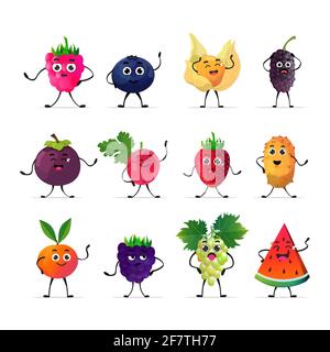 set cute fresh juicy characters tasty ripe berry fruits mascot personages collection isolated on white background healthy food concept Stock Vector