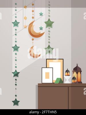eastern traditional living room interior with decoration eid mubarak ramadan kareem muslim religion holy month flat vertical Stock Vector