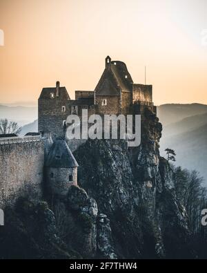 Aggstein castle ruin and Danube river at sunset in Wachau, Austria during spring Stock Photo