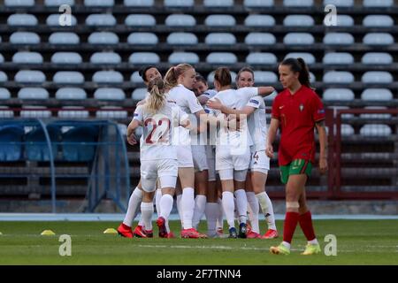 Lisbon, Portugal. 9th Apr, 2021. Players of Russia celebrate during the UEFA Women's EURO 2022 play-off first leg football match between Portugal and Russia in Lisbon, Portugal, on April 9, 2021. Credit: Pedro Fiuza/Xinhua/Alamy Live News Stock Photo
