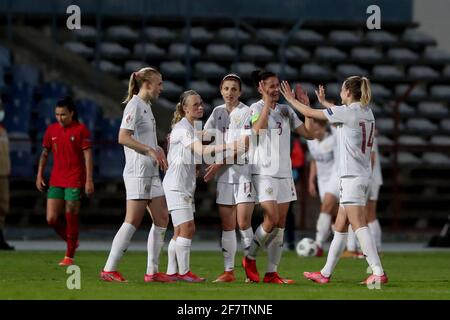 Lisbon, Portugal. 9th Apr, 2021. Players of Russia celebrate after the UEFA Women's EURO 2022 play-off first leg football match between Portugal and Russia in Lisbon, Portugal, on April 9, 2021. Credit: Pedro Fiuza/Xinhua/Alamy Live News Stock Photo