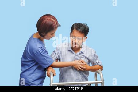Caregiver take care  patient man ,heart disease. Stock Photo