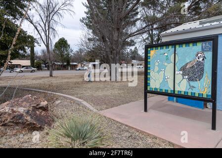 An elderly man walks his corgi mix dog in the town park in Patagonia, Arizona. Stock Photo