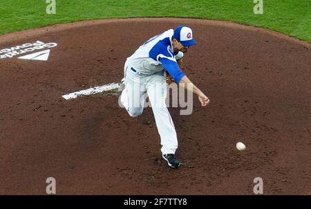 Atlanta, United States. 09th Apr, 2021. Atlanta Braves starting pitcher Charlie Morton throws in the first inning of their Opening Day against the Philadelphia Phillies at Truist Park in Atlanta on Friday, April 9, 2021. Photo by Tami Chappell/UPI Credit: UPI/Alamy Live News Stock Photo
