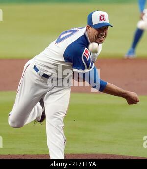 Atlanta, United States. 09th Apr, 2021. Atlanta Braves starting pitcher Charlie Morton throws in the fourth inning of their Opening Day against the Philadelphia Phillies at Truist Park in Atlanta on Friday, April 9, 2021. Photo by Tami Chappell/UPI Credit: UPI/Alamy Live News Stock Photo