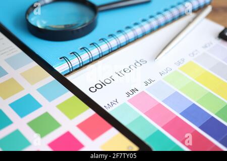 Palette with color trends by month lying on table closeup Stock Photo