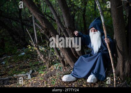 A wizard with a long gray beard and a cloak in a deep forest. An ...