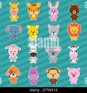 Animals sticker with cartoon farm and wild animals vector illustration Stock Vector