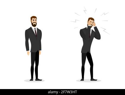 Happy healthy successful prosperous calm contented businessman and sick stressful frustrated business person with migraine, headache and work problems. Professional career compare vector illustration Stock Vector