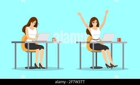 Surprised and happy businesswoman with laptop. Business woman success well done work concept. Female manager got promotion and raised hands up. Office employee received victory good news illustration Stock Vector