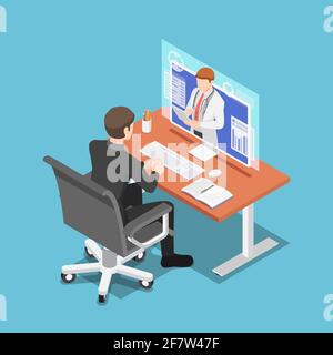 Flat 3d Isometric Businessman Video Conference with Doctor on PC Monitor. Online Medical Consultation and TeleMedicine Concept. Stock Vector