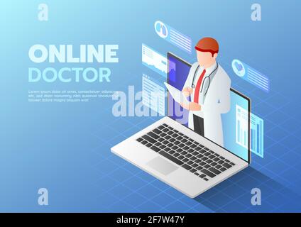 3d Isometric Web Banner Doctor doing Online Diagnose on The Computer Laptop Screen. Online Medical Consultation Concept. Stock Vector