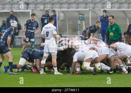 Scrum for Edoardo Gori of Colomiers during the French championship Pro D2 rugby union match between RC Vannes and Colomiers Rugby on April 9, 2021 at La Rabine stadium in Vannes, France - Photo Damien Kilani / DK Prod / DPPI Stock Photo