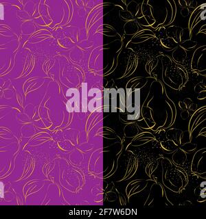 Pear bloom seamless pattern. Luxury gold color sketch line, hand drawn brush outline illustration. Lilac or black background is easy to change Stock Vector
