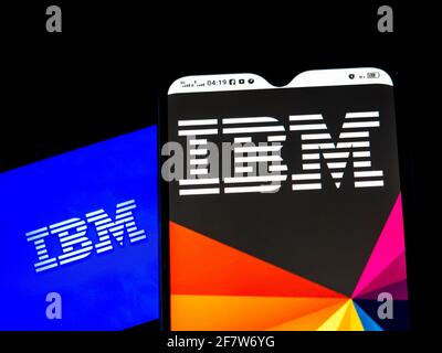 In this photo illustration IBM Corp. logo seen displayed on a smartphone. (Photo by Igor Golovniov / SOPA Images/Sipa USA) Stock Photo
