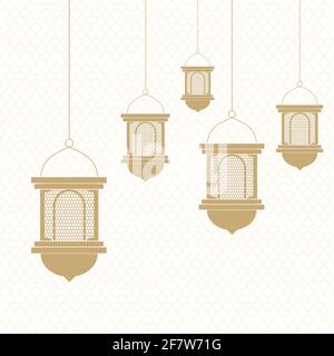 Ramadan and eid mubarak greeting card hanging lamp and lantern with arabian traditional culture. Stock Vector