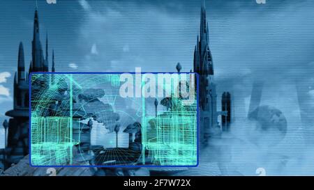 city in the future with hud element and spaceship Stock Photo