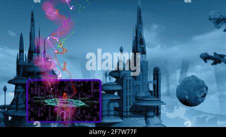 city in the future with hud element and spaceship Stock Photo